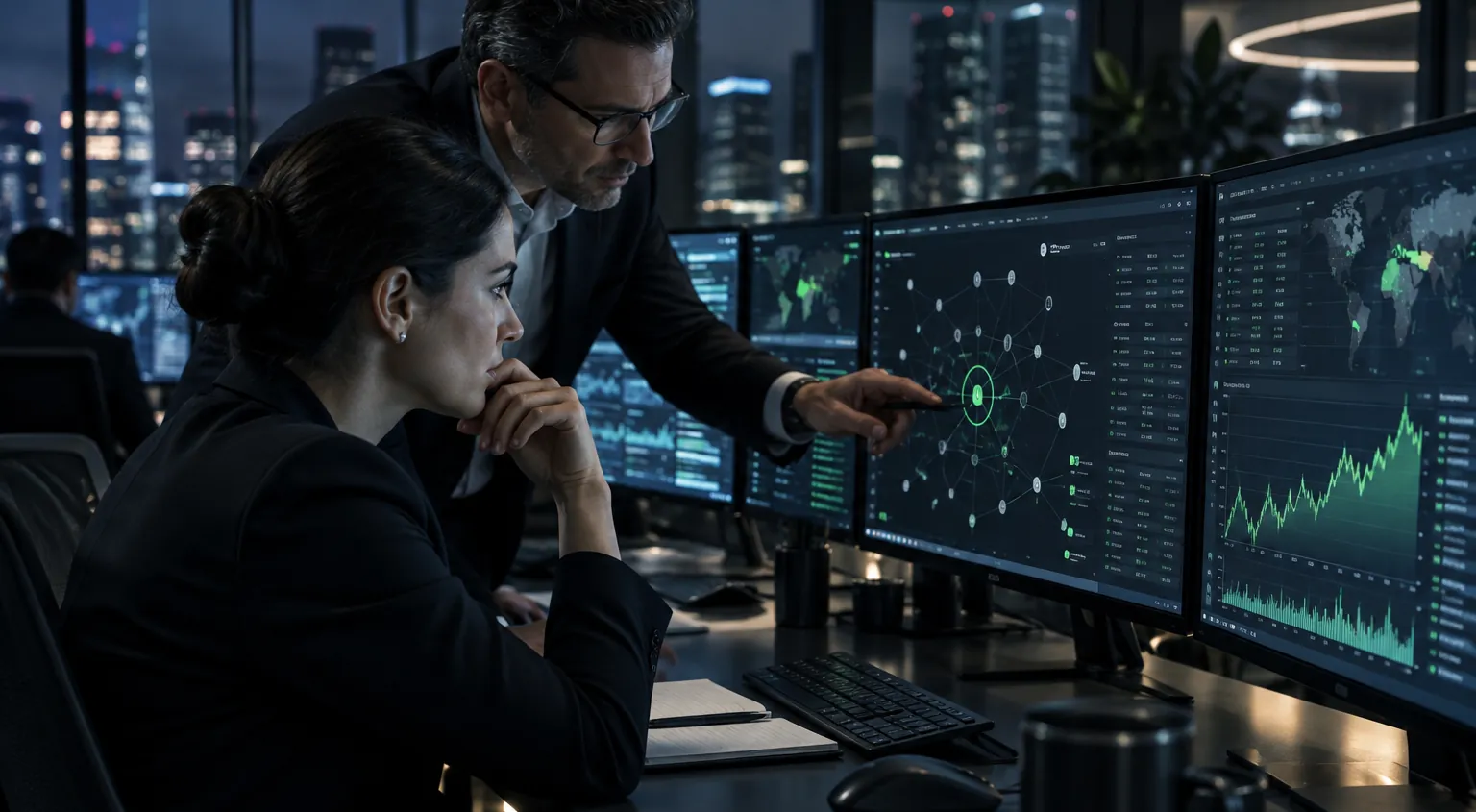 Analysts monitoring financial controls and flows